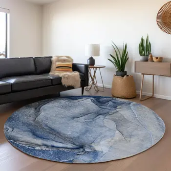 8' Navy Blue And Ivory Abstract Washable Round Rug With UV Protection