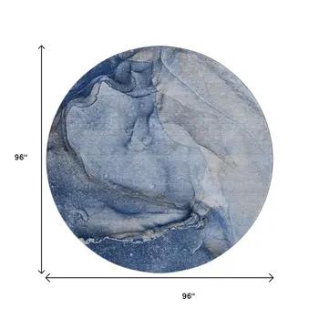 8' Navy Blue And Ivory Abstract Washable Round Rug With UV Protection