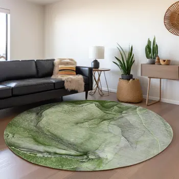 8' Olive Green And Ivory Abstract Washable Round Rug With UV Protection