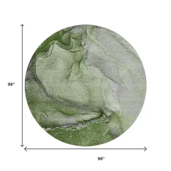 8' Olive Green And Ivory Abstract Washable Round Rug With UV Protection