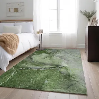 10' X 14' Olive Green And Ivory Abstract Washable Area Rug With UV Protection