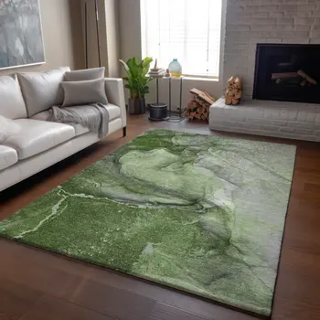10' X 14' Olive Green And Ivory Abstract Washable Area Rug With UV Protection