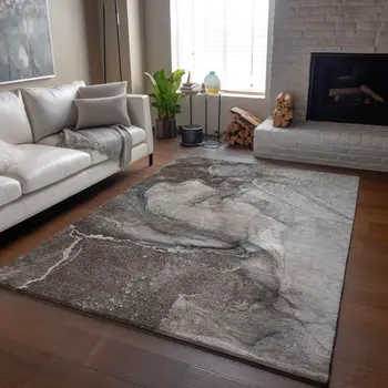 3' X 5' Taupe And Ivory Abstract Washable Area Rug With UV Protection