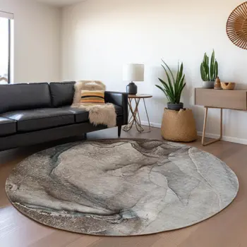 8' Taupe And Ivory Abstract Washable Round Rug With UV Protection