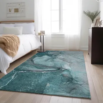 3' X 5' Teal Gray And Ivory Abstract Washable Area Rug With UV Protection