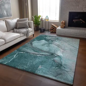 3' X 5' Teal Gray And Ivory Abstract Washable Area Rug With UV Protection