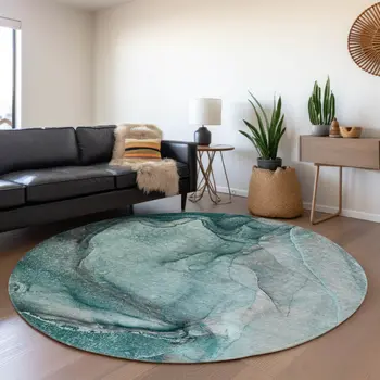 8' Teal Gray And Ivory Abstract Washable Round Rug With UV Protection