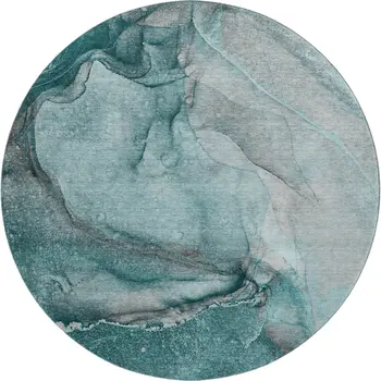 8' Teal Gray And Ivory Abstract Washable Round Rug With UV Protection