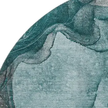 8' Teal Gray And Ivory Abstract Washable Round Rug With UV Protection