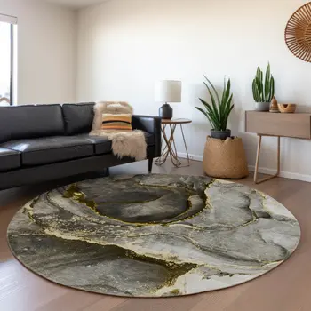 8' Gold And Gray Abstract Washable Round Rug With UV Protection