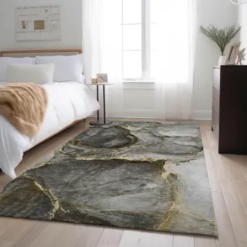 9' X 12' Gold And Gray Abstract Washable Area Rug With UV Protection