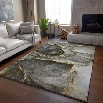 9' X 12' Gold And Gray Abstract Washable Area Rug With UV Protection
