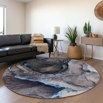 8' Navy Blue And Gray Abstract Washable Round Rug With UV Protection