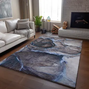 9' X 12' Navy Blue And Gray Abstract Washable Area Rug With UV Protection