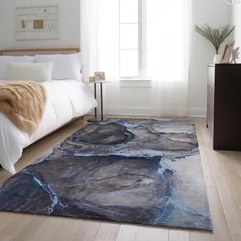 10' X 14' Navy Blue And Gray Abstract Washable Area Rug With UV Protection