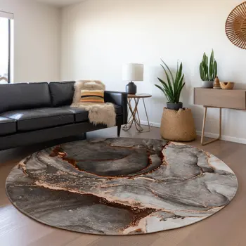 8' Peach And Gray Abstract Washable Round Rug With UV Protection