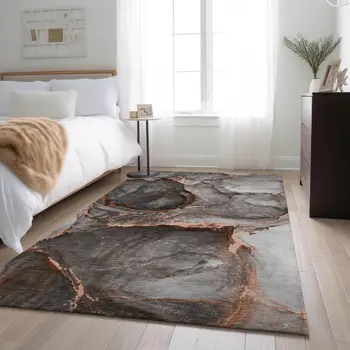 9' X 12' Peach And Gray Abstract Washable Area Rug With UV Protection