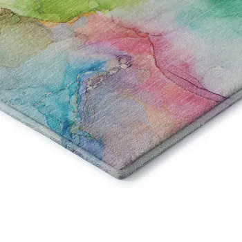 8' Blue Green And Purple Abstract Washable Round Rug With UV Protection