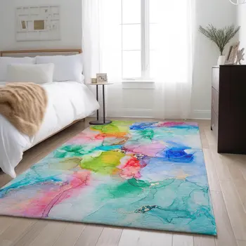 9' X 12' Blue Green And Purple Abstract Washable Area Rug With UV Protection