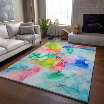 9' X 12' Blue Green And Purple Abstract Washable Area Rug With UV Protection