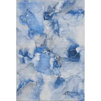 3' X 5' Navy Blue And Ivory Abstract Washable Area Rug With UV Protection