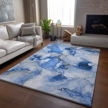 3' X 5' Navy Blue And Ivory Abstract Washable Area Rug With UV Protection