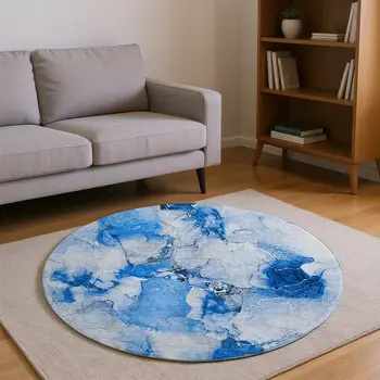 8' Navy Blue And Ivory Abstract Washable Round Rug With UV Protection