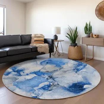 8' Navy Blue And Ivory Abstract Washable Round Rug With UV Protection