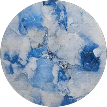 8' Navy Blue And Ivory Abstract Washable Round Rug With UV Protection