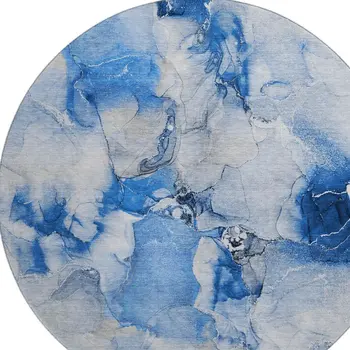 8' Navy Blue And Ivory Abstract Washable Round Rug With UV Protection