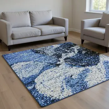 8' X 10' Navy Blue And Ivory Abstract Washable Area Rug With UV Protection