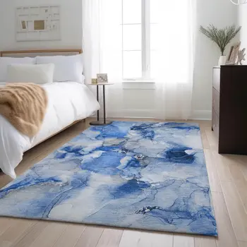 8' X 10' Navy Blue And Ivory Abstract Washable Area Rug With UV Protection