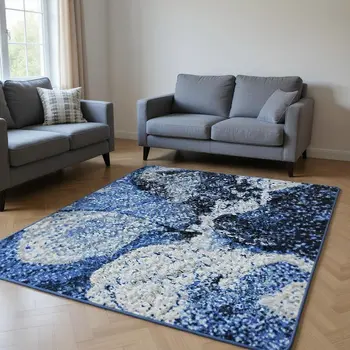 9' X 12' Navy Blue And Ivory Abstract Washable Area Rug With UV Protection