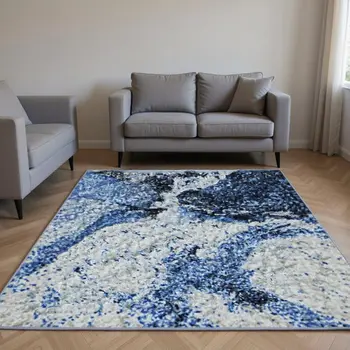 10' X 14' Navy Blue And Ivory Abstract Washable Area Rug With UV Protection