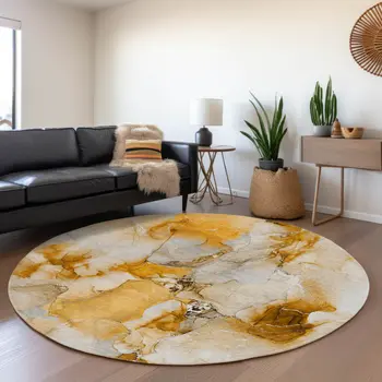 8' Orange And Ivory Abstract Washable Round Rug With UV Protection