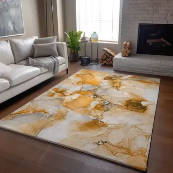 10' X 14' Orange And Ivory Abstract Washable Area Rug With UV Protection