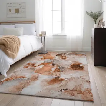 3' X 5' Rust And Ivory Abstract Washable Area Rug With UV Protection