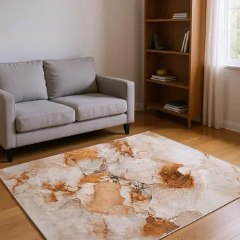 8' Rust And Ivory Abstract Washable Round Rug With UV Protection