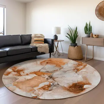 8' Rust And Ivory Abstract Washable Round Rug With UV Protection