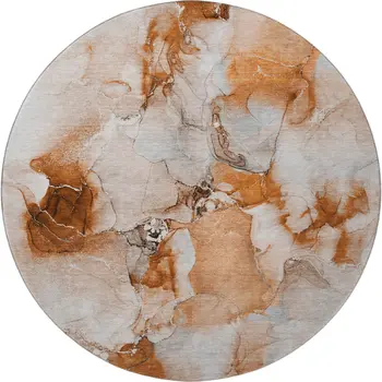 8' Rust And Ivory Abstract Washable Round Rug With UV Protection