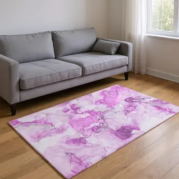 5' X 8' Pink And Ivory Abstract Washable Area Rug With UV Protection
