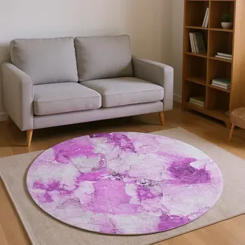 8' Pink And Ivory Abstract Washable Round Rug With UV Protection