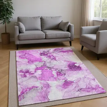 8' X 10' Pink And Ivory Abstract Washable Area Rug With UV Protection