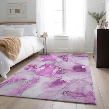 8' X 10' Pink And Ivory Abstract Washable Area Rug With UV Protection