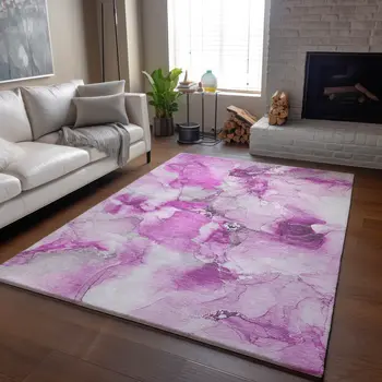 8' X 10' Pink And Ivory Abstract Washable Area Rug With UV Protection