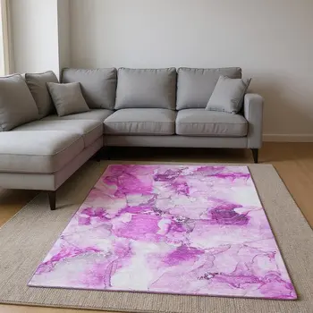 10' X 14' Pink And Ivory Abstract Washable Area Rug With UV Protection