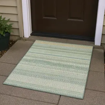 3' X 5' Fern Green And Ivory Striped Washable Area Rug With UV Protection