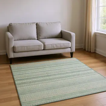 5' X 8' Fern Green And Ivory Striped Washable Area Rug With UV Protection