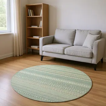 8' Fern Green And Ivory Striped Washable Round Rug With UV Protection