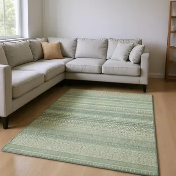 8' X 10' Fern Green And Ivory Striped Washable Area Rug With UV Protection